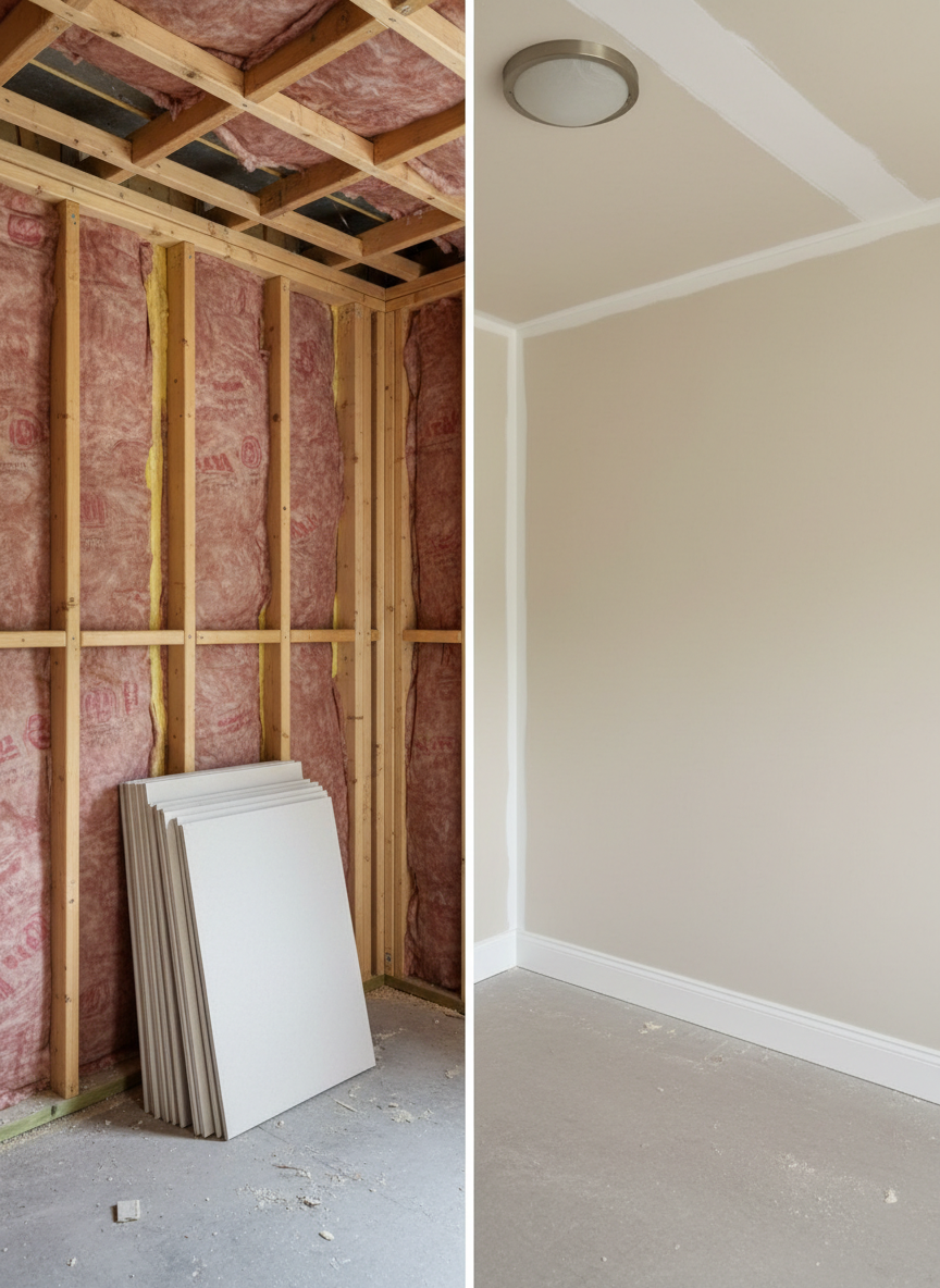 A before-and-after style composition of the same room, divided diagonally: one side shows an unfinished space with exposed studs and insulation, while the other reveals the completed room with perfectly installed plasterboard walls and ceiling, smoothly plastered and painted in a soft beige. The wooden studs on the unfinished side are clean and precisely spaced, and neatly stacked plasterboard sheets wait nearby. On the finished side, discreet baseboards and a uniform ceiling underscore the quality of the work. Soft, neutral lighting is consistent across both halves, maintaining photographic realism. The mood is clear and educational, ideal for demonstrating the transformation achieved by professional plastering and drywall services.