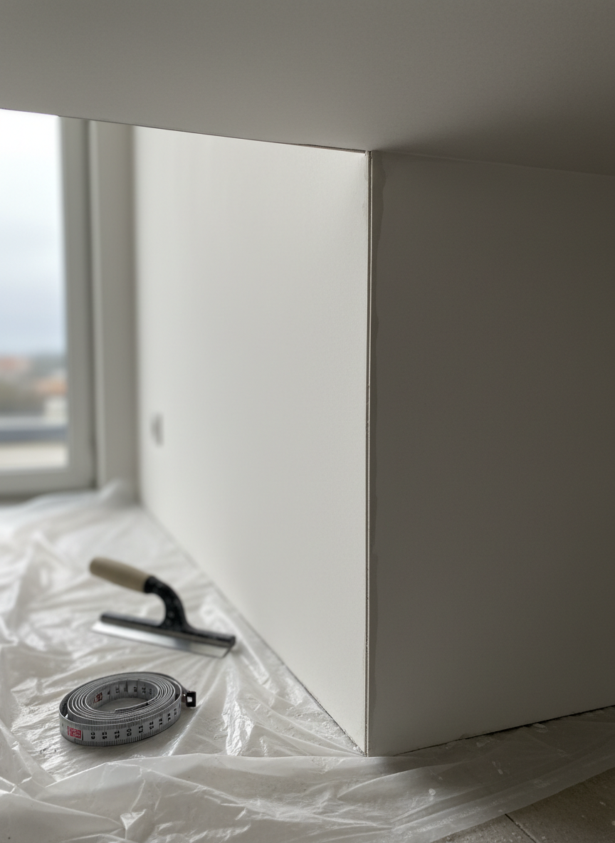 A detailed close-up of a corner where a plasterboard partition meets the ceiling, showcasing perfectly applied corner beads, smooth jointing, and precise finishing. The plaster surface transitions seamlessly, with no visible imperfections, and a fine matte white paint emphasizes the evenness. A metal measuring tape and a well-maintained corner trowel lie on a nearby plastic dust sheet, hinting at methodical workmanship. Diffused overcast light from a nearby window softly illuminates the surfaces, producing gentle shadows that accentuate the straight lines. Photographic realism, shot from a slightly low angle with shallow depth of field, creates a focused, technical, and professional atmosphere matching a specialist plâtrier-plaquiste brand.