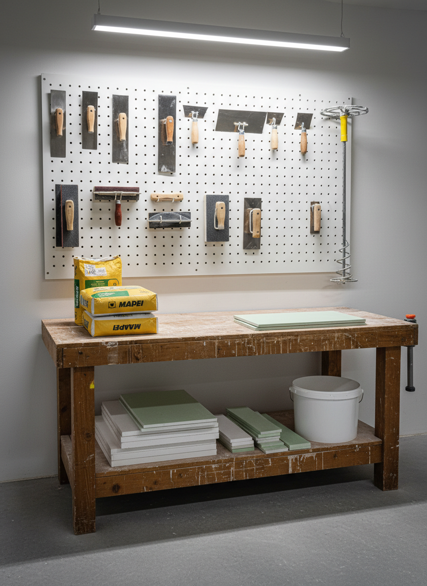 A well-organized, professional workshop corner dedicated to a plâtrier-plaquiste, with neatly arranged tools such as trowels, spatulas, sanding blocks, and a mixing paddle hanging on a clean pegboard wall. On a sturdy workbench, unopened bags of plaster, a stack of plasterboard offcuts, and a clean mixing bucket are carefully aligned. The concrete floor is swept and dust-free, emphasizing professionalism and care. Overhead LED workshop lighting casts bright, even illumination, creating crisp shadows and highlighting metallic surfaces. Photographic realism, captured from a slightly elevated angle, conveys a serious, trustworthy, and methodical working environment that supports the image of a reliable craftsman business.