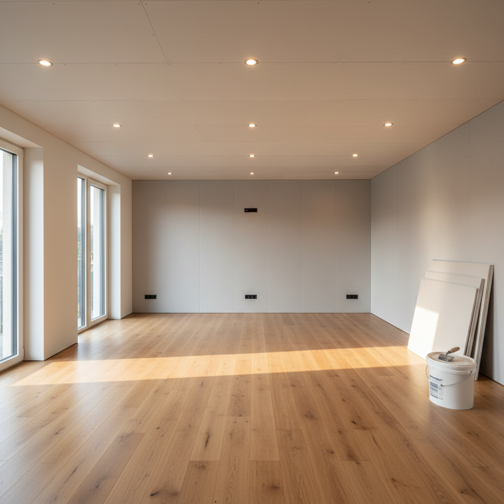 A bright, newly renovated living room featuring impeccable plasterboard ceilings with discreet recessed lighting and flawless, uniform surfaces. The walls are covered with perfectly aligned plasterboard panels, painted in a modern, light gray tone that complements the natural oak floor. In one corner, a neatly stacked pile of unused plasterboard sheets and a clean bucket of joint compound suggest ongoing professional work without showing any people. Soft afternoon light enters through a large window, creating subtle, elongated shadows and highlighting the smooth textures. Captured in photographic realism from a wide-angle perspective, the mood is professional, orderly, and inviting, ideal for a business website presenting quality services.