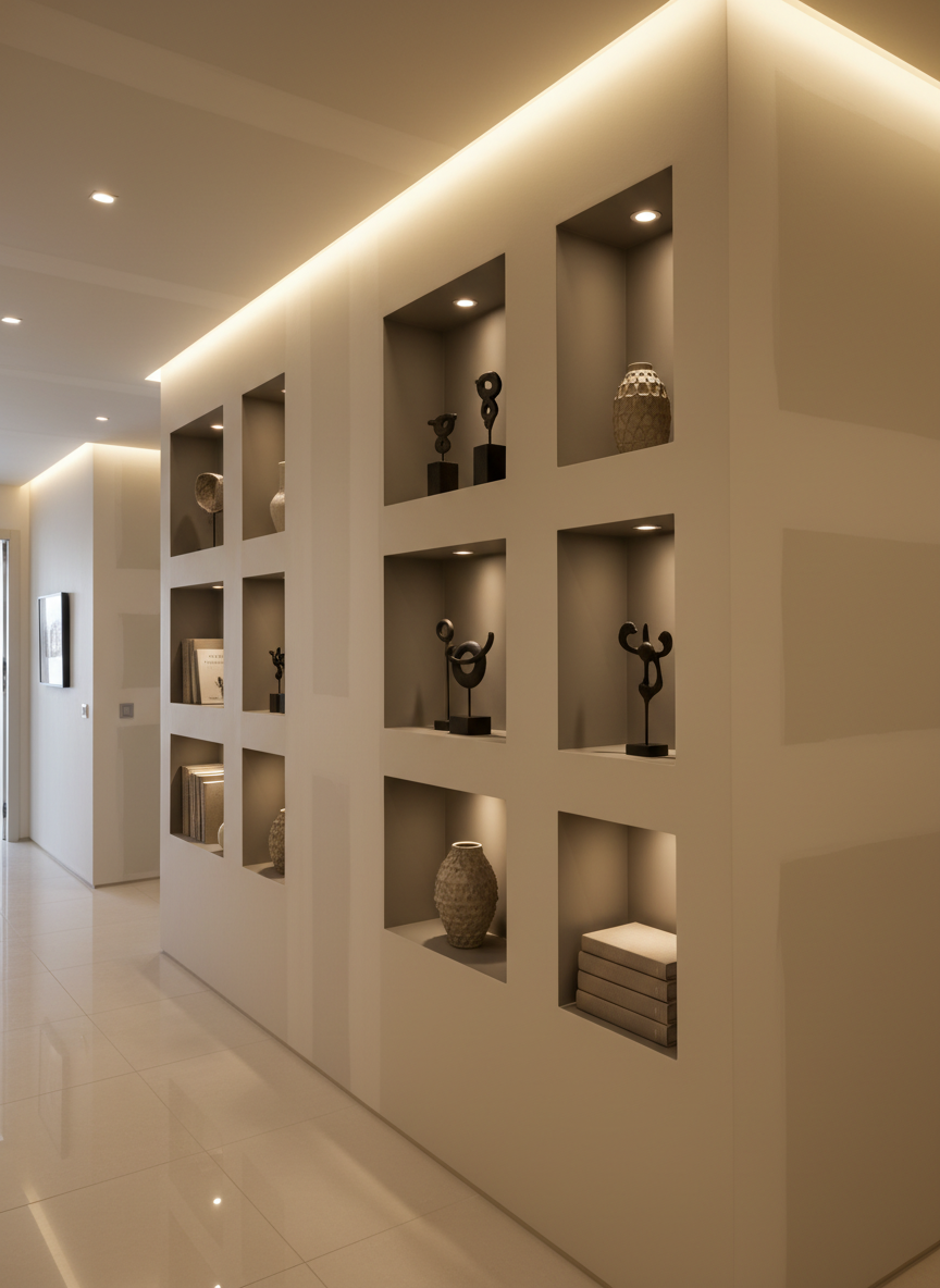 An elegant hallway in a modern home, highlighted by a custom plasterboard partition with integrated niches for decor, all finished with perfectly smooth plaster and sharp lines. The niches are painted in a slightly darker neutral tone than the surrounding walls, emphasizing depth and craftsmanship. The ceiling features a clean, dropped plasterboard design with hidden LED strip lighting casting a soft, indirect glow along the edges. The polished ceramic floor reflects some of the warm light, creating a welcoming ambiance. Photographic realism, shot at eye level with a balanced composition, conveys a refined, contemporary atmosphere that demonstrates the creative potential of professional plasterboard work.